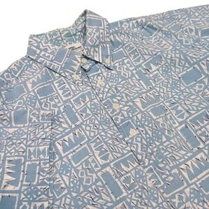 Reyn Spooner Pullover Hawaiian Shirt Mens L Blue White Tiki Print Cotton Blend